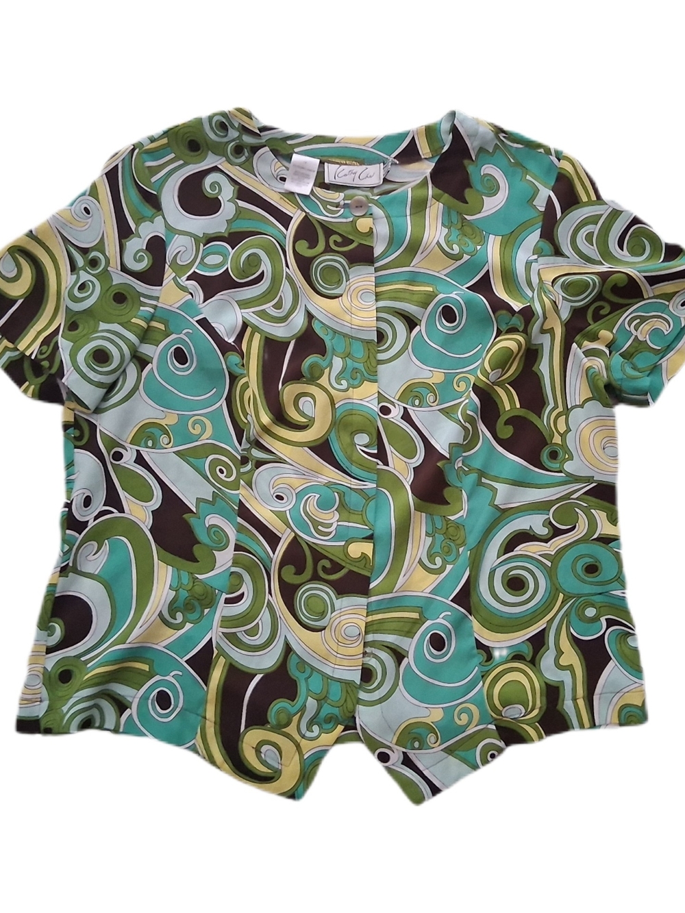 Kathy Che Green & Teal Swirl Short Sleeve Button Down Top Size 14